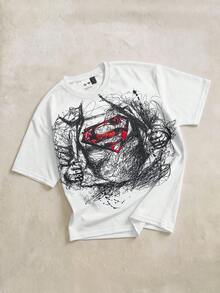 SUPERMAN X SHEIN TOKVUE 男士休閒印花短袖T恤 -- 夏季風格 - 白色 - 查看 3