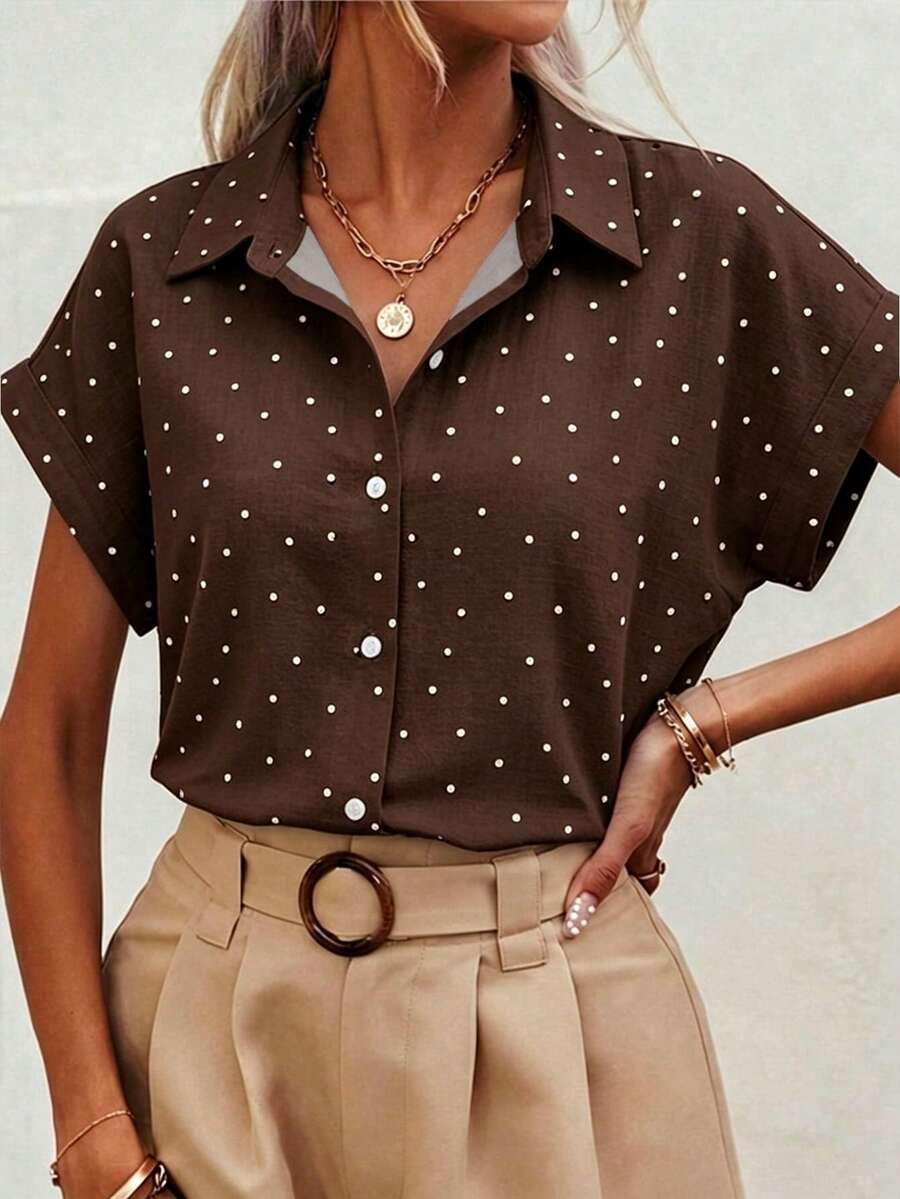 SHEIN Frenchy 女款夏季休閒波點印花蝙蝠袖上衣 - 棕色 - 查看 1