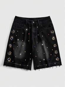 ROMWE MEN Street Life Men's Summer Casual Rhinestone Decorated Denim Shorts - Black - View 1