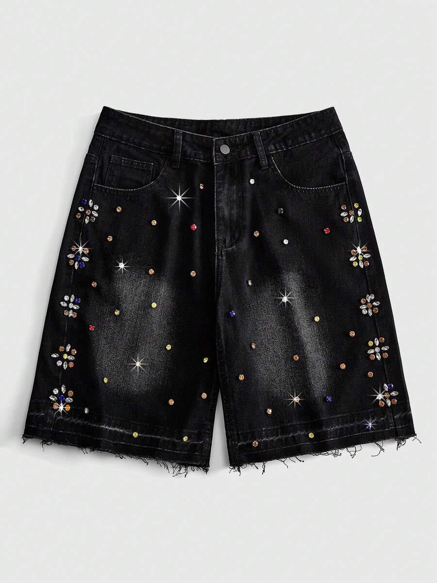ROMWE MEN Street Life Men's Summer Casual Rhinestone Decorated Denim Shorts - Black - View 1