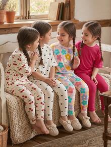 [Lucky Blind Box:RANDOM 4 SETE SEND 1 SETE]Cute Sweet Cherry Heart Floral Print, Baby Girl Casual Simple Round Neck Loose Short Sleeve T-Shirt Tight Leggings Set Suitable For Spring And Summer - Multicolor - View 2