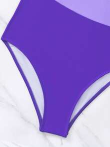 SHEIN Swim 度假海灘拼色拼接式一件式泳衣 - 紫色 - 查看 4
