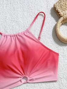 SHEIN Ensemble de maillot de bain pour filles avec débardeur de bain bleu unicolore doux et mignon et culotte de bain style short - Rose bonbon - Voir 3