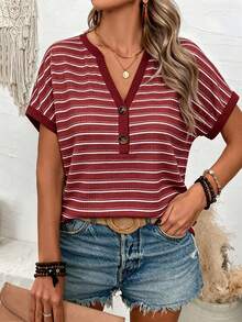 EMERY ROSE CURVE Plus Size Summer Casual Striped Notch Neck T-Shirt - Multicolor - View 3