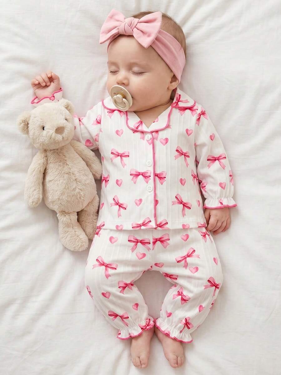 2er-Pack Neugeborenes Baby Mädchen süßer rosa Schleifen-Muster roter Kontrast-Besatz Kragen Strickjacke Langarm Hose 2-teiliges Loungewear Set - Pink - Übersicht 1