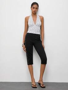 Maija Top casual versatile da donna con scollo all'americana a pois per uso quotidiano - Bianco e nero - Visualizzare 3