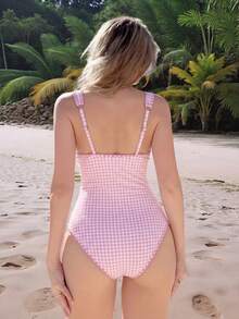 Swim Mod Women's Simple & Elegant Solid Color Ribbed One-Piece Swimsuit, Beach Outfit For Summer - Baby Pink - View 2