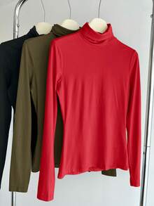 SHEIN BASICS 3件組純色針織高領修身女款長袖基礎層T恤 - 彩色 - 查看 3