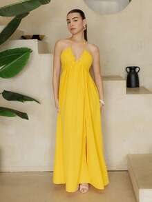 Andrea Bello Beach New Spring And Summer Casual Holiday Halter Neck Strapless Bust Dress,Vacation Outfits Women Elegant Party - Yellow - View 4