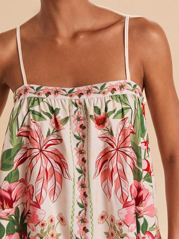Travachic Women's Floral Print Pleated Casual Vacation Beach Cover-Up Camisole Dress