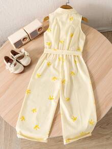 SHEIN Genkimix Kids Combinaison fille décontractée pour vacances, polyvalente et facile à assortir, col rabattu, devant ouvert avec boutons, ceinture, confortable, tissu froissé doux, look denim, pantalon long, convient pour l'automne, pique-nique, sortie, tenues de sœur, port quotidien - Jaune citron - Voir 2