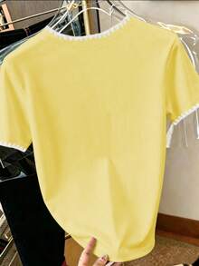 SHEIN Women's Fashion Versatile Shell Embroidery Contrast Color Round Neck Short Sleeve T-Shirt - Yellow - View 2