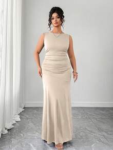 Elenzga Women's Elegant Dress, Sleeveless Round Neck A-Line Silhouette, Ruched Waist Design, Solid Color Knit Fabric - Apricot - View 4