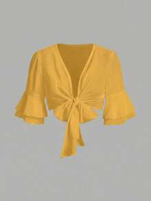 GlowEve Solid Color Knotted Casual Cropped Shirt - Yellow - View 6