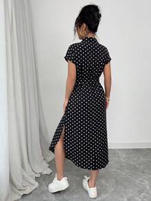 SHEIN Raffinéa 女款休閒度假旅行豹紋前扣鈕扣腰帶蝴蝶結口袋側開衩 2025 夏季新款短袖長洋裝 - 黑色 - 查看 2