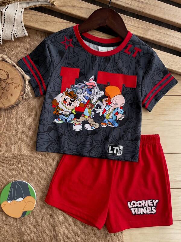 LOONEY TUNES X SHEIN 女嬰圓領短袖T恤與短褲休閒套裝