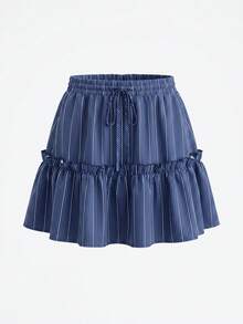 K-Vae Gonna mini elegante e casual da donna, stile coreano morbido, adatta per uscite e appuntamenti, con design a righe, vita con coulisse e balze, versatile, primavera/estate - Blu Navy - Visualizzare 5