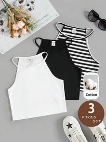 SHEIN 青少年女孩針織素色條紋圖案背心上衣3件組 - 黑與白 - 查看 3