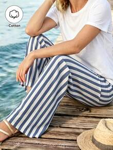 Omancia Women's Spring/Summer Cotton Blend Striped Loose Versatile Long Pants, Suitable For Travel, Home And Outdoor - Blue and White - View 5