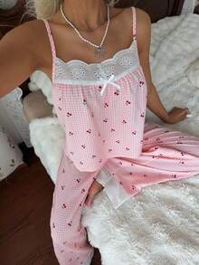 CottageSlumber Women's Romantic Sweet Pink Plaid Cherry Print Camisole Pajama Set, Embroidered Lace Trim, 2 Pieces Loungewear - Pink - View 1