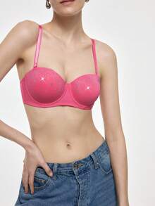 Bralution Pink Underwire Molded Cup High Support Lift & Cleavage Rhinestone Glitter 1/2 Cup Comfy Balconette Charming Y2K Style Women's Bra - Pink - View 6