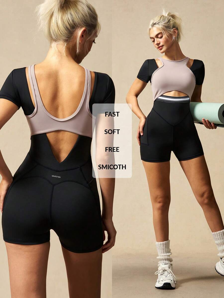 VARSIVA Women's Casual Athleisure Modest Versatile Daily Wear Activewear Gym Sports Patchwork Color Romper Black Summer Gym