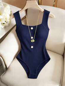 GlowEve Women's Solid Color Button Design Casual Tank Top Bodysuit - Navy Blue - View 2