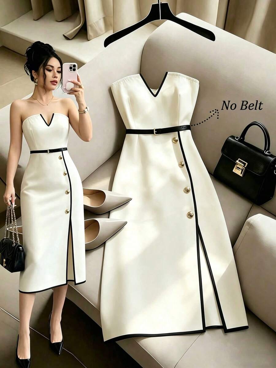 SHEIN Raffinéa 女士优雅无肩带金属装饰A字连衣裙,夏季连衣裙,优雅派对连衣裙 - 杏色 - 查看 1