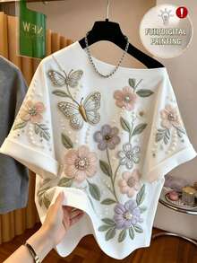 SHEIN Franclia 新款欧美时尚不对称肩部印花休闲宽松女式T恤，春夏短袖上衣，春季穿搭，夏季服装，度假，外出，Y2K风格，春季，夏季，返校季，休闲，海滩，商务，百搭，性感，女式白色T恤，女式印花衬衫 - 白色 - 查看 5