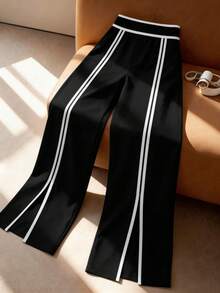 SHEIN Tall CURVE Plus Size Women's Tall Commuter Style Colorblock Design Black And White Split Straight Leg Pants - Black and White - View 6