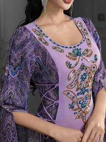 Layrah Vintage Print Colorblock Side Cinched Waist Handmade Rhinestone Embellished Arabian Dress - Purple - View 3
