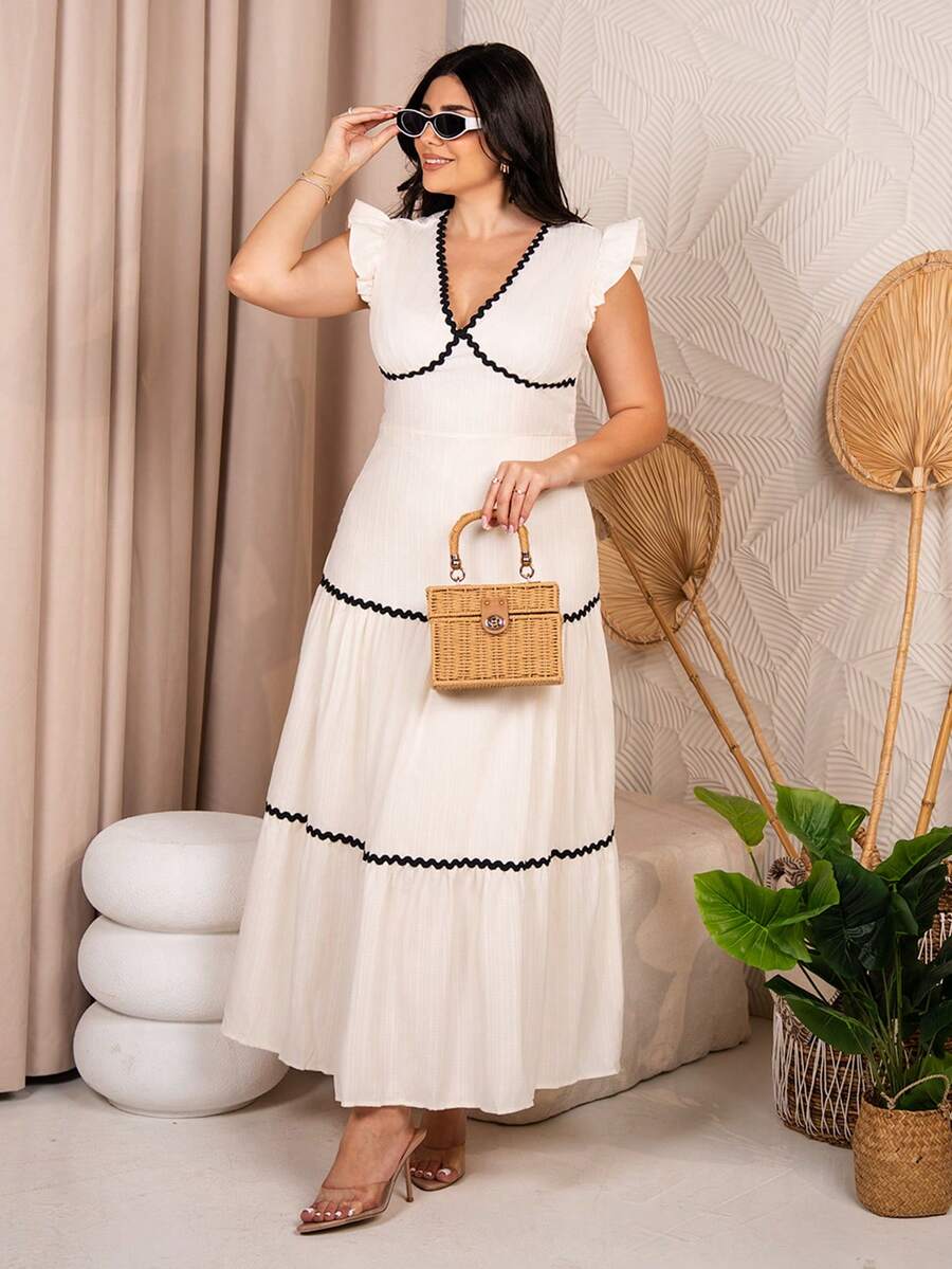 The Leen Edit 女款V領荷葉邊飾短袖對比腰帶紋理梭織面料杏色春夏優雅洋裝 - 杏色 - 查看 1