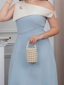 The Leen Edit Gaun Midi Elegan dengan Bahu Asimetris dan Blok Warna serta Pinggang Ramping, Musim Semi/Panas - Baby Blue - View 4