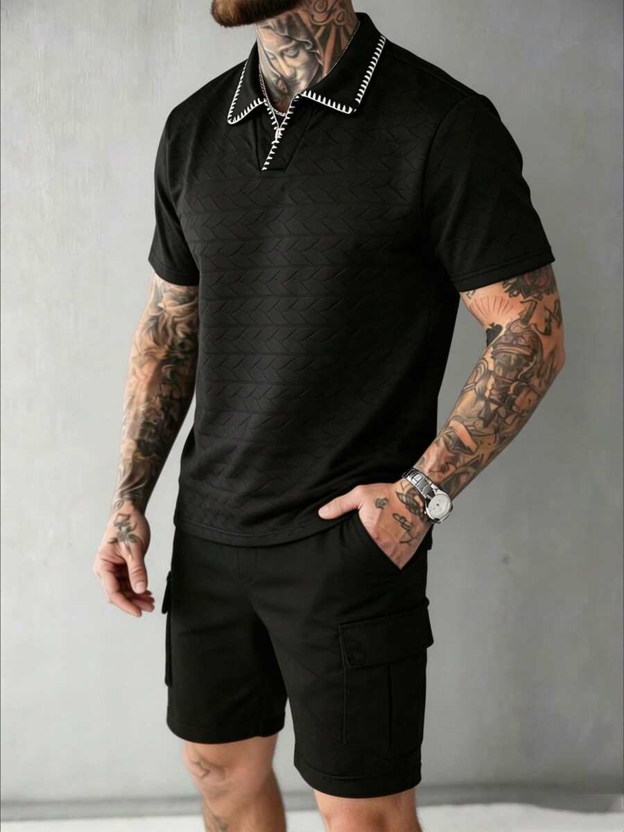 EGENSIO Textured Black Seagull Collar Embroidered Short Sleeve Polo Shirt, Summer - Black - View 1