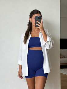 SHEIN Maternity Summer Breathable Solid Color Criss-Cross Back Sports Bra And Shorts Set - Navy Blue - View 5