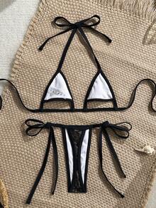 Swim SXY Lace Black Swimwear Set For Summer Holiday,High-Neck Triangle Bandage Two Pieces Combination,Valentine's Day Party Beach Party Pool Gathering - Black - View 2