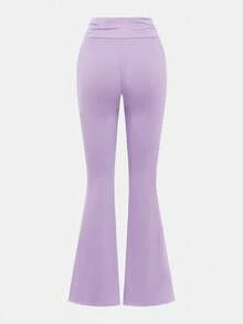 SHEIN Girlism 青少年女孩休閒日常修身淺藍色抓皺圓領上衣與腰部抓皺喇叭褲套裝 - 紫色 - 查看 8