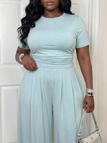 Slaydiva 2026春夏优雅通勤休闲套装,适合生日派对、毕业典礼、学生装、日常出行、百搭基础款、休闲度假、邮轮旅行、海滩、日光浴等场合,爆款单品,商务休闲、简约休闲风,夏季女装休闲鼠尾草色罗纹两件套,露脐上衣搭配松紧腰阔腿裤 - 蓝色 - 藍色 - 查看 6