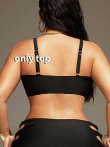 Swim SXY Simple Sexy Plus Size Women's Summer Beach Solid Color Spaghetti Strap Hollow Out Bikini Set - Black - View 3