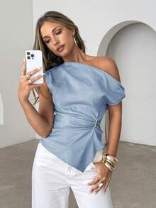Siren Gaze Women's Solid Color Asymmetric Shoulder Pleated Casual Versatile Daily Wear Top - Baby Blue - View 6