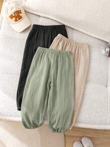 SHEIN LMoss Kids 3件/套可愛休閒百搭舒適親膚柔軟純色鬆緊腰長褲套裝，適合青少年男孩和女孩，適用於春、夏、秋季，日常穿著、外出、學校、派對和假期 - 彩色 - 查看 4