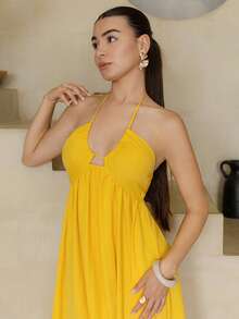 Andrea Bello Beach New Spring And Summer Casual Holiday Halter Neck Strapless Bust Dress,Vacation Outfits Women Elegant Party - Yellow - View 6