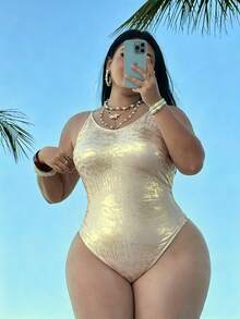Swim SXY 2026 大尺碼女款夏季時尚連身泳衣，圓領鏤空露背環扣設計，性感沙灘度假泳裝，金色 - 金色 - 查看 2