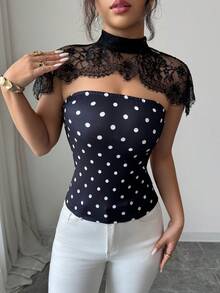 SHEIN Elenzya 女款夏季性感對比蕾絲波點印花修身上衣 - 黑與白 - 查看 7