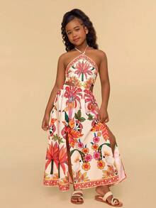 Travachic KIDS Tween Girl Summer Vacation Casual Floral Print Spaghetti Strap Dress - Multicolor - View 7