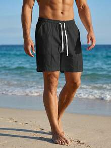 VIVINTIMO Pantalones cortos casuales versátiles de unicolor para hombres, vacaciones - Negro - Ver 6