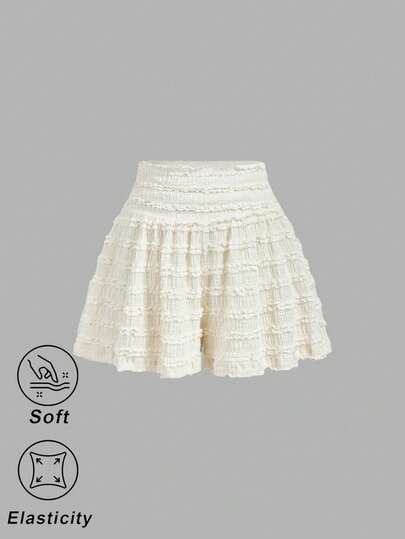 SHEIN MOD Pantalones cortos de punto de cintura alta con textura y pliegues, talla grande, color beige
