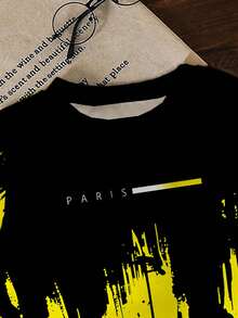 2pcs/Set Letter Print Pattern, Fashionable Versatile, Comfortable Black & Yellow Crew Neck T-Shirt & Long Pants Set For Boys, Short Sleeve & Long Pants, Ss26 , Squishy, Summer, Summer Clothes - Multicolor - View 3