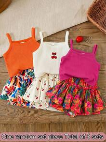 SHEIN LMoss Kids 女嬰針織素色吊帶上衣與碎花短褲兩件套 - 玫紅色 - 查看 1