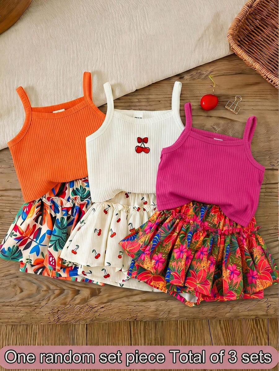 SHEIN LMoss Kids 女嬰針織素色吊帶上衣與碎花短褲兩件套 - 玫紅色 - 查看 1